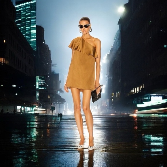 SAINT LAURENT dress mini gold satin FR 38 US 6 one shoulder ruffle NWT Vegas - Picture 1 of 16